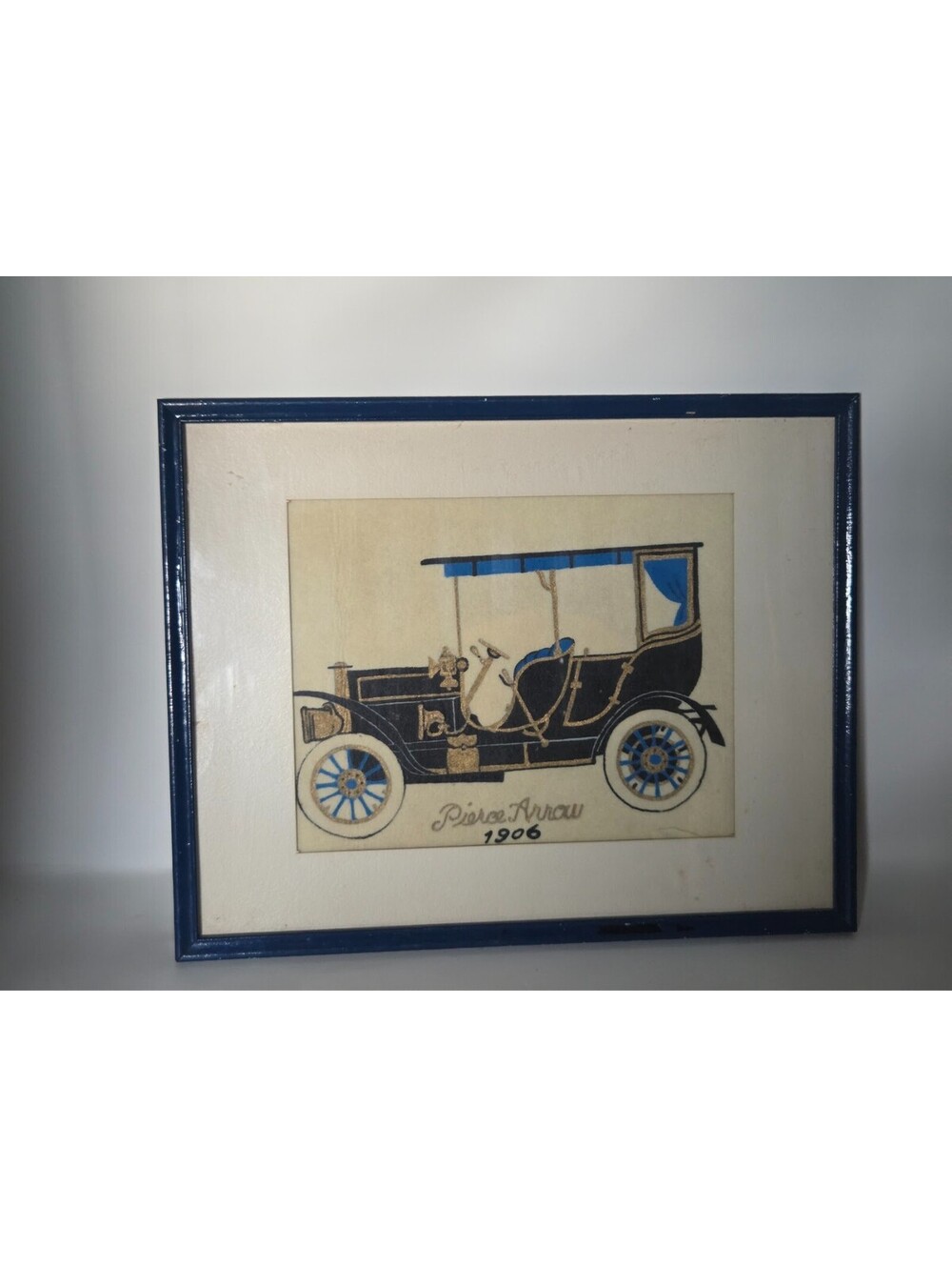 Framed 1906 Pierce Arrow Automobile Painting On Cloth Blue Accents & Wood Frame